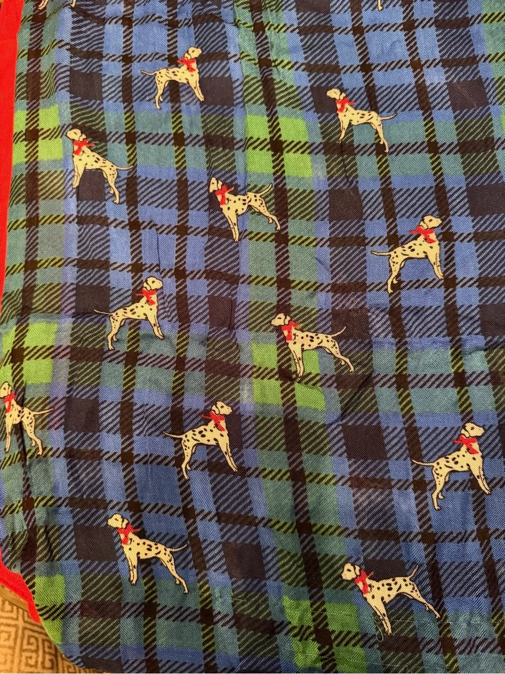NEW Talbots Blue & Green Tartan Dalmatian Dog-Print Pet Scarf 72”z12” Red Trim